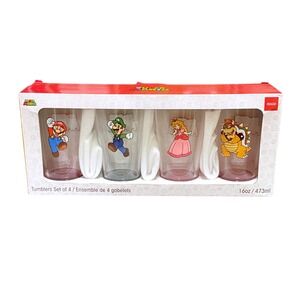 Nintendo Super Mario Glass Tumblers Set of 4 – Mario Luigi 16oz Drinking Glasses